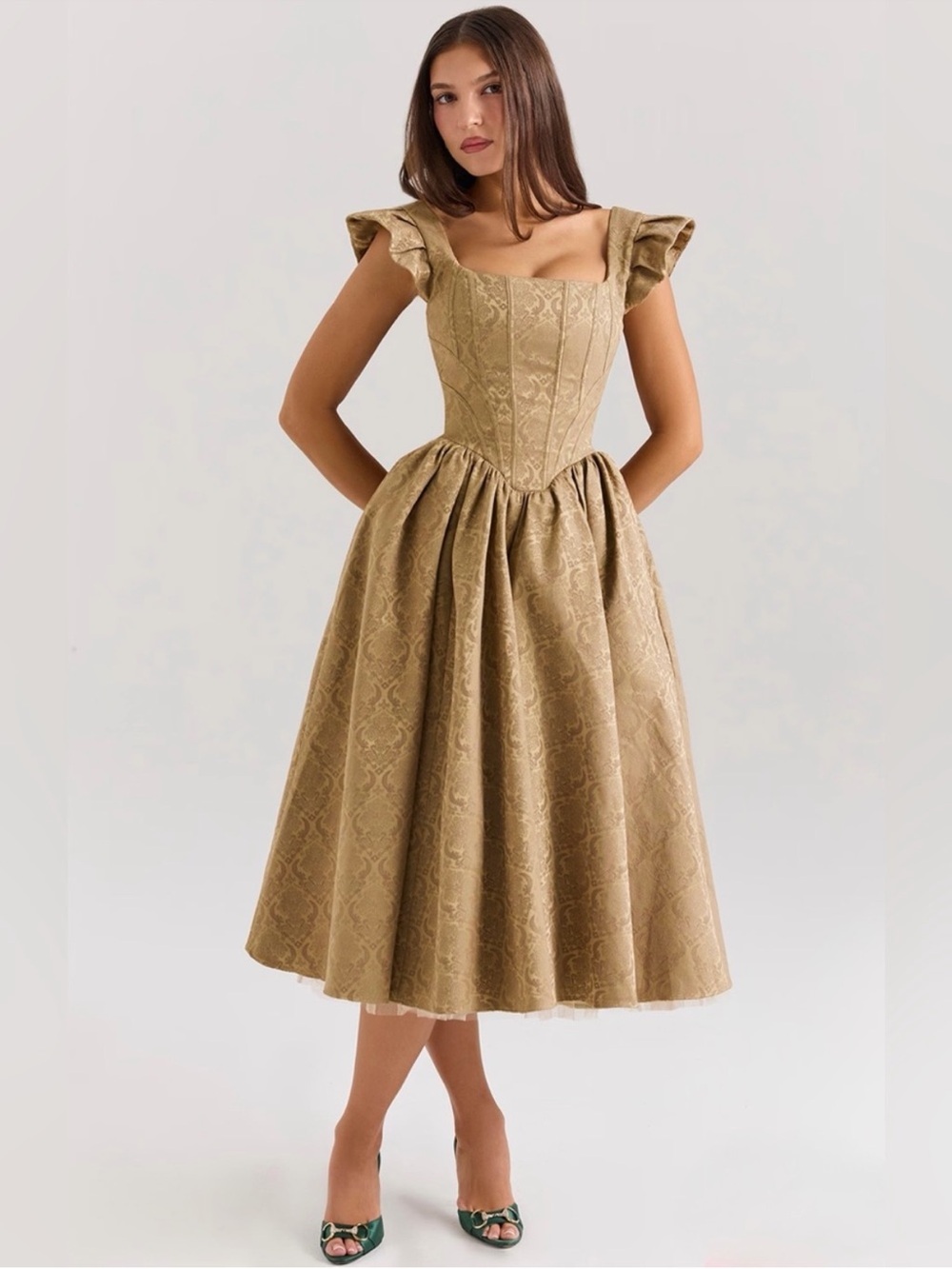 House of CB ALESSANDRA Gold Jacquard Midi Dress With Detachable - Picture 5 of 16
